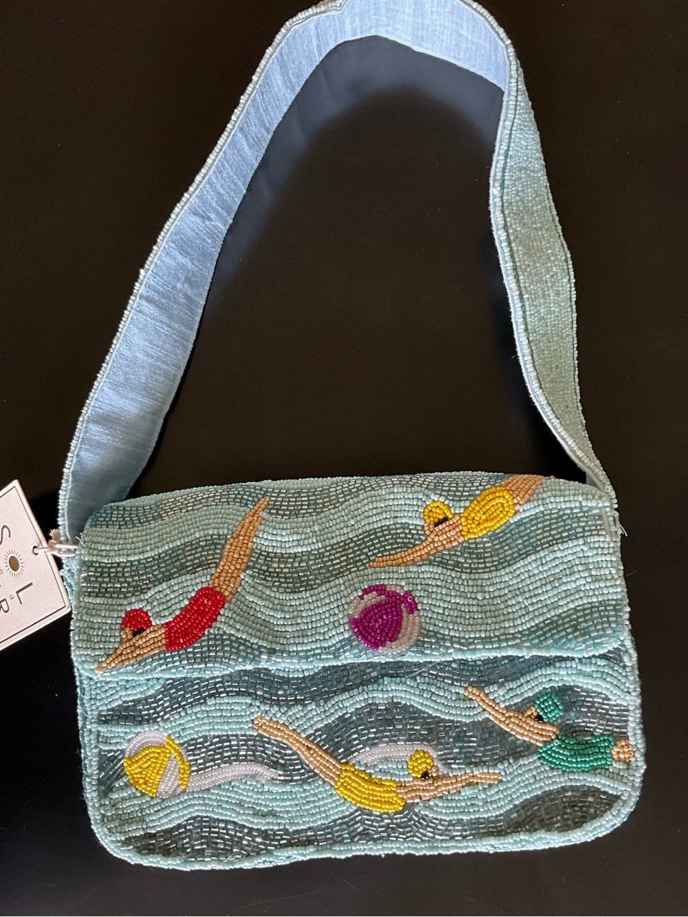 Beaded Swimmers Shoulder Bag in Aqua